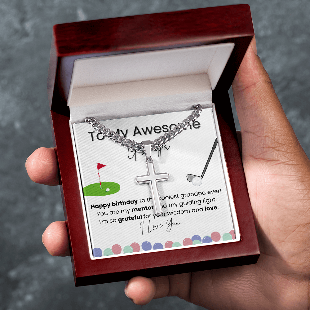 To My Grandpa - Forever Your Grandchild | Artisan Cross Cuban Chain Necklace | Personalized Birthday Gift